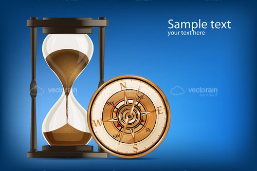 Wooden Hourglass and Watch on a Blue Background with Sample Text